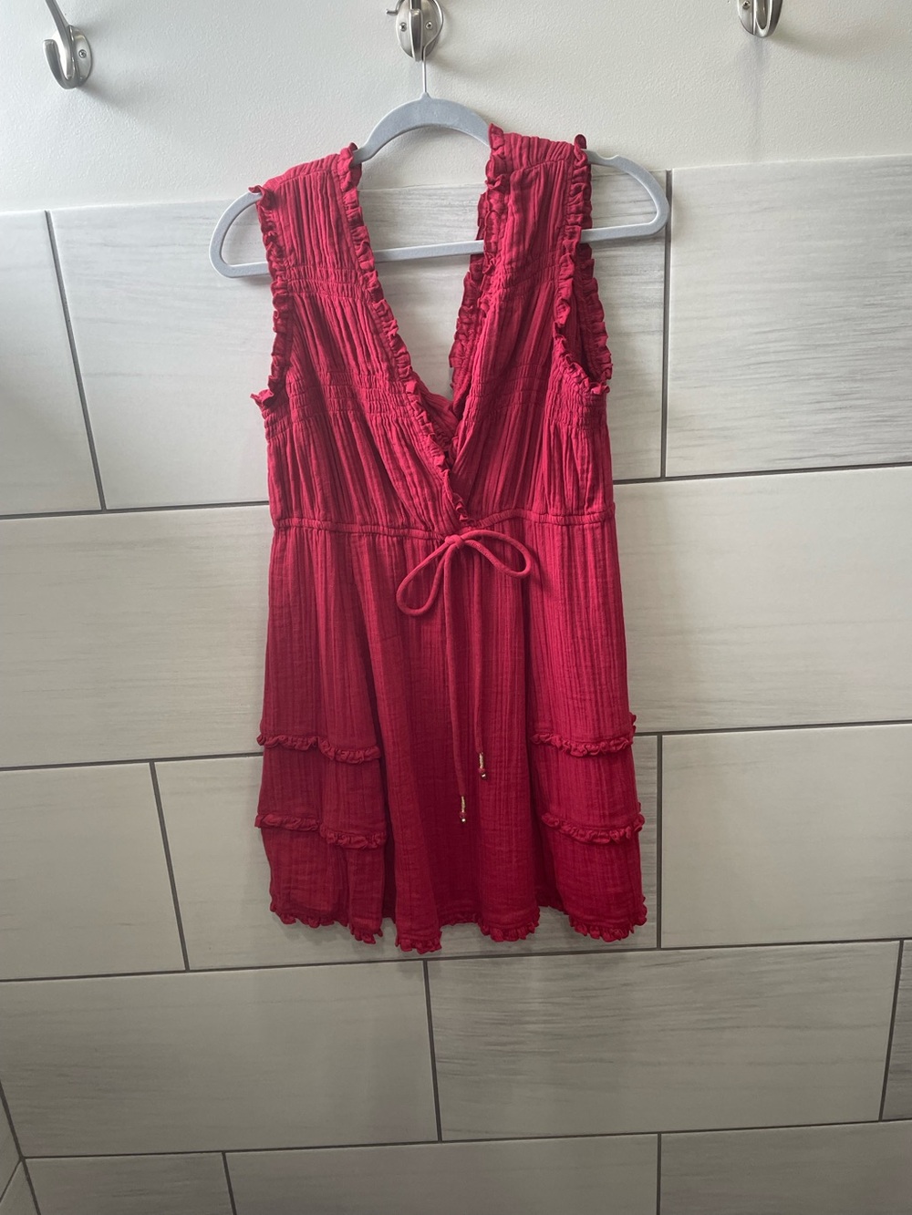Red Ruffled Sleeveless V-Neck Tunic Dress